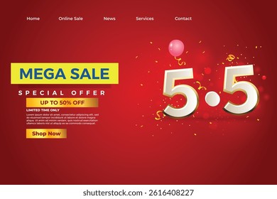 Mega Sale 5.5 Shopping day, discount online sale banner, 5.5 sale banner with Red BG, Golden White Number, Special offer Flash Sale