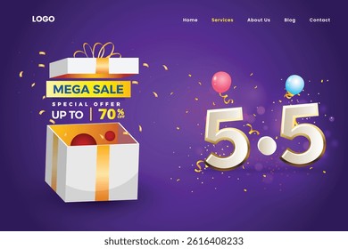 Mega Sale 5.5 Shopping day, 5.5 sale banner with Purple BG, Golden White Number, discount online sale banner, Special offer Flash Sale