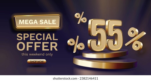 Mega sale, 55 special offer banner. Golden sign board promotion. Vector illustration