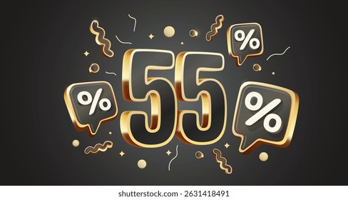 Mega sale, 55 special offer banner. Golden sign board promotion. Vector illustration