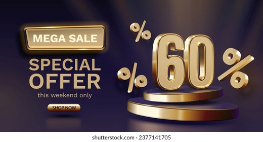 Mega venta, banner de 60 ofertas especiales. Promoción de tablero de oro. Ilustración del vector