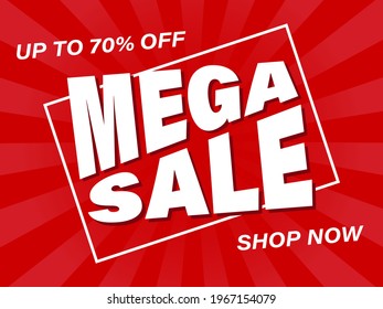 Mega sale up to 70% off banner on red background. Vector illustration