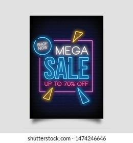 Mega sale up to 70 % off for poster in neon style. invitation card, flyer, posters, light banner