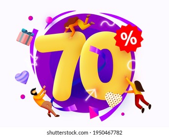 Mega sale. 70 percent discount. Special offer background with flying people. Promotion poster or banner. Vector illustration