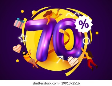 Mega sale. 70 percent discount. Special offer 70% background with flying people. Promotion poster or banner. Vector illustration