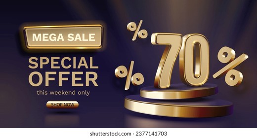 Mega sale, 70 special offer banner. Golden sign board promotion. Vector illustration