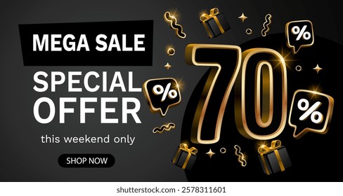 Mega sale, 70 special offer banner. Golden sign board promotion. Vector illustration
