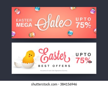 Mega Sale with 75% discount offer, Creative website header or banner set decorated with colorful eggs and cute chick for Happy Easter celebration.