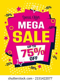 Mega sale with up to 75 percent discount. Sale banner or brochure with special offer advertising 5, 15, 25, 35, 50 percent price reduction vector illustration