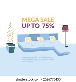 Mega sale up to 75 percent, promotional banner with reduction of price, offering and clearance in furniture shop. Sofa with lamp, houseplant in pot and cushions for dwelling. Vector in flat style