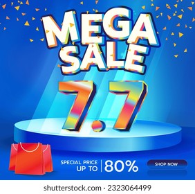 Mega venta 7.7 ilustración Afiche, Banner Vector precio descuento de venta, Anuncios para sitio web, Medios sociales, Compras en línea. Fondo, Material gráfico de Rollup.