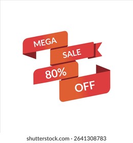 Mega sale 80% off red ribbon label vector illustration