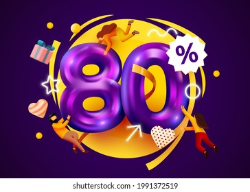 Mega sale. 80 percent discount. Special offer 80% background with flying people. Promotion poster or banner. Vector illustration