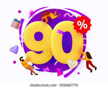 Mega sale. 90 percent discount. Special offer background with flying people. Promotion poster or banner. Vector illustration