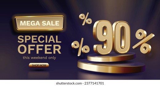 Mega venta, banner de oferta especial 90. Promoción de tablero de oro. Ilustración del vector