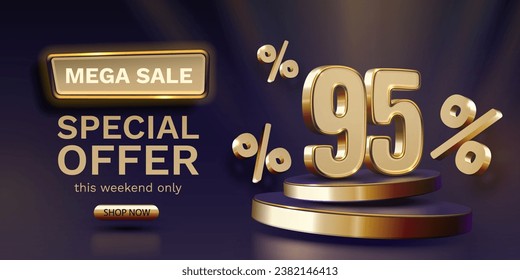 Mega venta, banner de oferta especial 95. Promoción de tablero de oro. Ilustración del vector