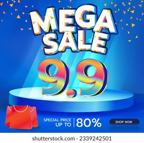 mega sale 9.9 discount illustration design, shopping promotion, ads, banner, poster, super market, shop store, mini mart. 