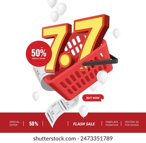 mega sale advertisement, 7.7 3D yellow placed in a red shopping basket. Along with a circular promotional banner tag label, 50% off, vector for Seventh day, seventh month discount promotion design