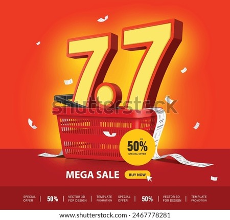 mega sale advertisement, 7.7 3D yellow placed in a red shopping cart. Along with a circular promotional banner tag label, 50% off, vector for Seventh day, seventh month discount promotion design