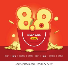 mega sale advertisement, 8.8 3D yellow placed in red shopping bag and money all coins place back, vector for Discount promotional advertising design eighth day of eighth Month, August promotion