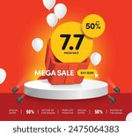 mega sale advertising ,7.7 tag and 50%off circle tag place in red gift box and all place on white podium for mega sale promotion design, vector 3d for seven day of seven month promotion