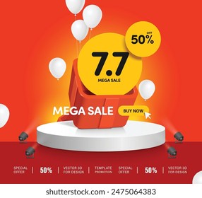 mega sale advertising ,7.7 tag and 50%off circle tag place in red gift box and all place on white podium for mega sale promotion design, vector 3d for seven day of seven month promotion