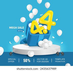 Mega Sale Werbung ,Nummer 4.4 3D, weiße Luftballons schweben aus einer blauen Geschenkbox und alle Platz auf einem runden weißen Podium für Mega Sale Promotion Design, Vektor für Vierten Tag des vierten Monats Promotion