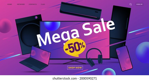 Mega sale advertiving banner with 3d illustration of dofferent home and smart electronic devices, discount up to fifty