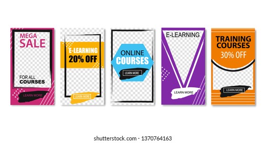 Mega Sale for All Courses Set of Templates Vector Illustration. Education via Online Video on Computer or Laptop. E-learning Concept. Training for Students. Training Courses with Discount.