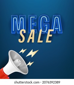 Mega sale announce banner. Cute cartoon 3d style vector illustration