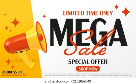 Mega sale announcement. Limited time special offer advertisement. Sale label or banner with megaphone loudspeaker design vector illustration. Mega sale marketing promotion