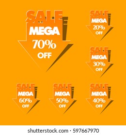 Mega Sale Arrow sticker banner set in pop-art style. The global fall in prices sticky label. Many % OFF. Abstract pointer background. Advertising cursor poster. Vector illustration