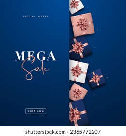 Fondo de Mega Sale. Banner publicitario para medios sociales o web.Vista superior de cajas de regalo de oro azules, blancas y rosas.