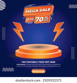 Plantilla de fondo Mega Sale con pantalla de podio, oferta especial y promoción de descuento en color azul