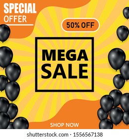 Mega sale background with transparent realistic balloons. Black friday sale background. Modern design.Universal vector background for poster, banners, flyers, card