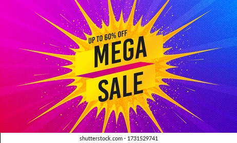 Mega sale badge. Flare light flash banner. Discount banner shape. Coupon tag icon. Gradient shape background. Promotional flyer design. Mega sale promotion. Vector