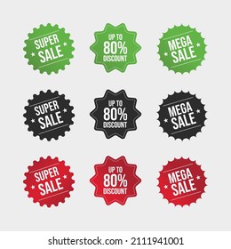 Mega sale badge with green, black, and red. 80 percent discount tag collection. Buy one get one badge set. Sale badge set. Super Sale coupon vector. Sale banner badge. Special offer discount tags.