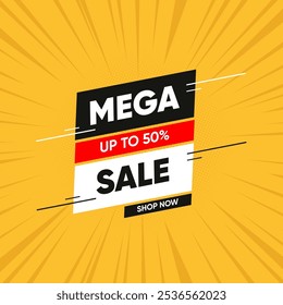 Mega Sale Banner Up to 50% Off, discount offer for social media post template, Background vector illustration. Modern design for marketing and advertising.