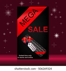 Mega Sale. Banner for the sale ads with realistic gift boxes and diamond, bows and ribbons