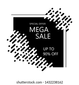 Mega sale banner. Black and white template design. Big sale, special offer, discounts, up to 90% off. Vector illustration