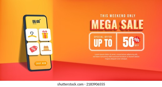 Mega Sale banner design in 3d illustration on yellow background. Sale on Smartphone with tag discount design elements