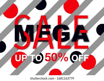 Mega Sale banner design. Paper cut text with stripes and circles isolated on white background. Special offer, poster template. Vector illustration