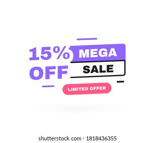 Mega sale banner design with sale tag. Limited offer 15 percent off discount. Banners template design for business, promotion, sale and advertising. Vector illustration.