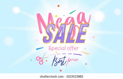 Mega Sale Banner with font combination on the colour background with blur and light effects. Flat vector illustration EPS 10.