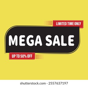 Mega sale banner, graphics, 50% off discount