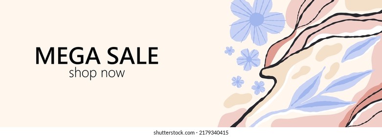 Mega sale banner. Horizontal spring summer poster. Blue flowers on beige background, discount card, natural abstract promo marketing social media posts template, vector minimal web design