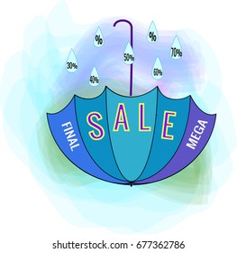 Mega SALE banner. Large banner for advertising. Colorful umbrella on color background. Offer discount on sale on market. Selling offer. Big banner for advertising. Design element. Vector illustration
