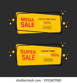 Mega sale banner. Limited only today up to 50 percent off. Vector flat illustration. End of season special offer poster on black background.