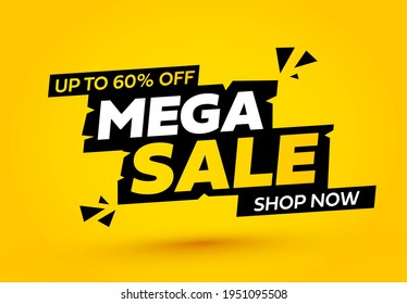 Mega sale banner. Offer sign with yellow background. Vector illustration