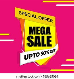 Mega Sale Banner, Poster, Flyer. 50% Off, Sale Background. Vector illustration.